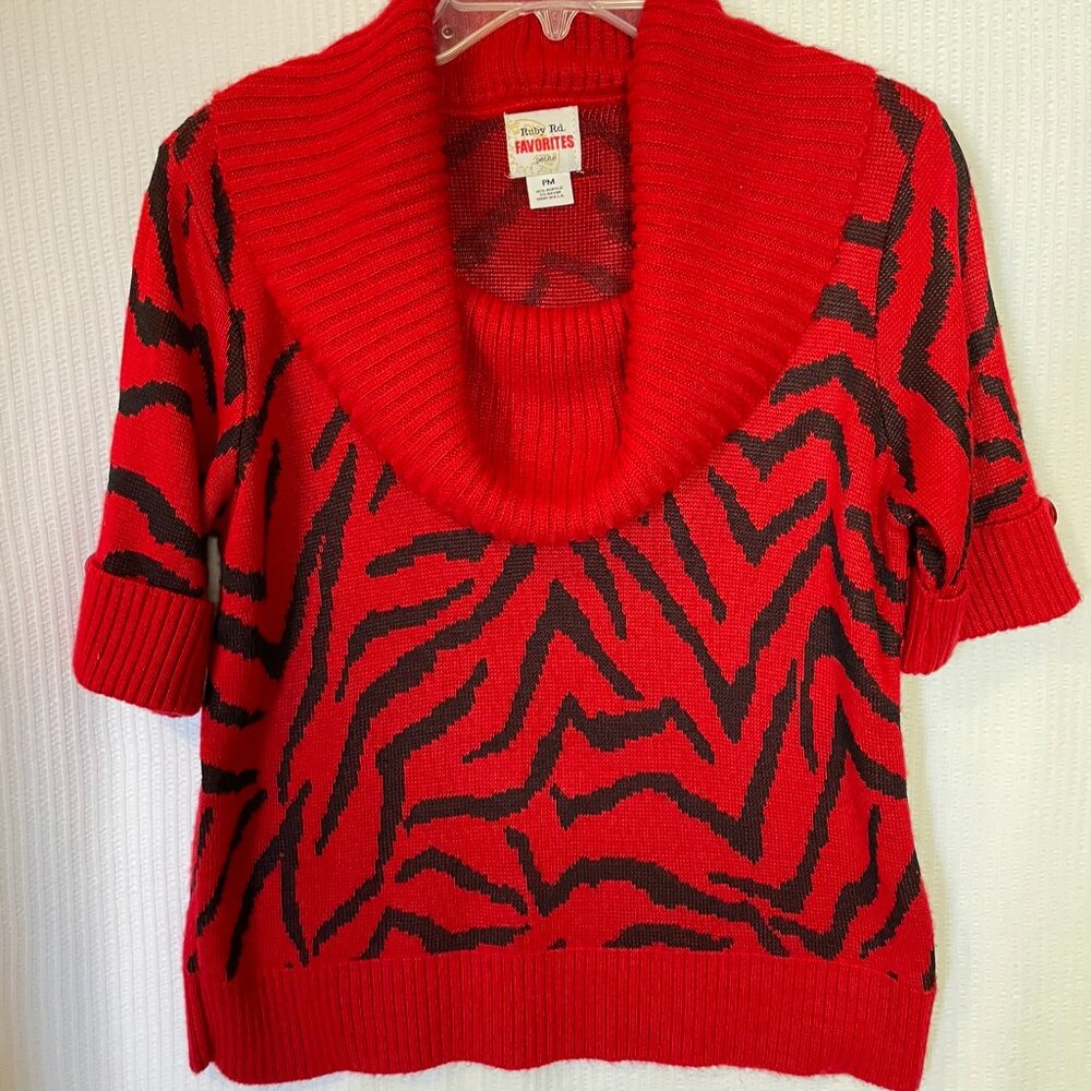 Ruby Rd. Sweater Sz Petite M Red  Oversized Cowl Neck Zebra Short Sleeve Chunky